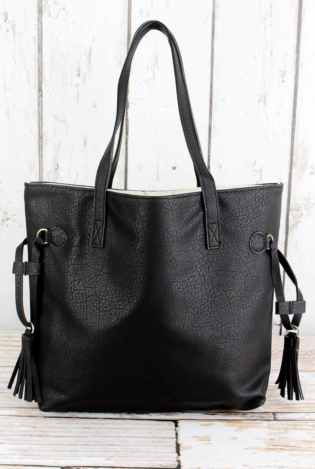 Faux Leather Side Tassle Tote Bag