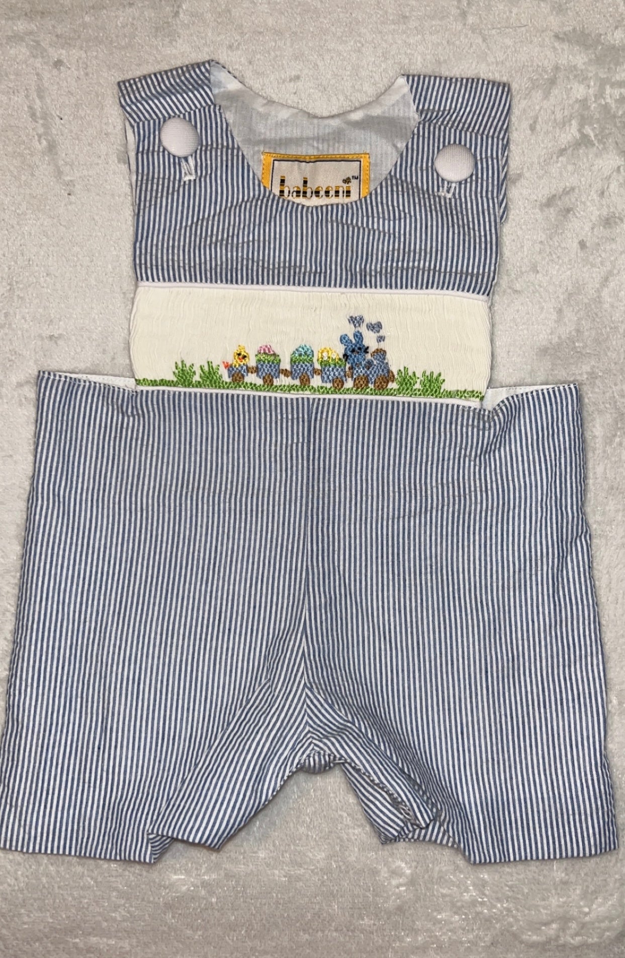 Blue Embroidered Easter Train Smocked Romper