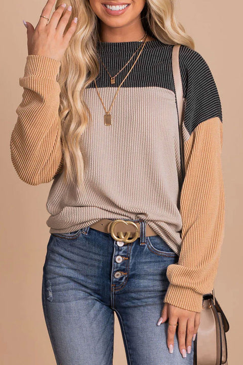 Color Block Ribbed Long Sleeve- Loose Fit Top
