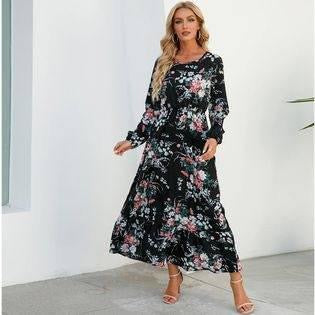 Black Floral Spring/Summer Long Sleeve Dress