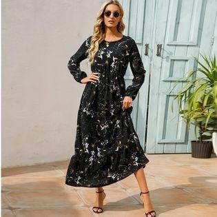 Black Summer Floral Long Sleeve Dress