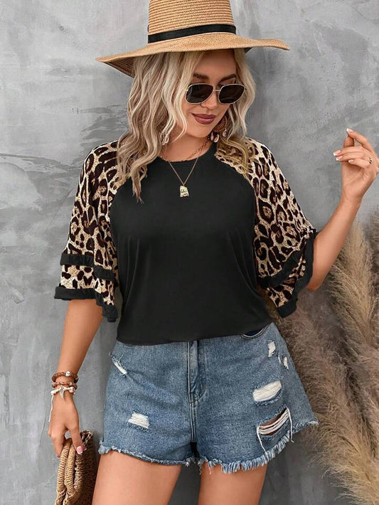 Leopard Print Flounce Sleeve Blouse
